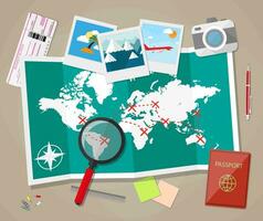 planning trip concept at table with paper map of world, magnifier, pen, passport, airplane ticket, photo camera photos, sticky notes, pins. vector illustration in flat design on brown background