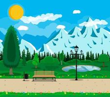 Mountain park concept, wooden bench, street lamp, waste bin in square. Rocky mountains, lake and trees. Sky with clouds and sun. Leisure time in summer park. Vector illustration in flat style