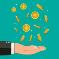 Rain of golden coin with computer chip and hand. Money and finance. Digital currency. Virtual money, cryptocurrency and digital payment system. Vector illustration in flat style