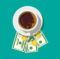 Cup with coffee, cash and coins. Thanks for the service in the restaurant. Money for servicing. Good feedback about the waiter. Gratuity concept. Vector illustration in flat style