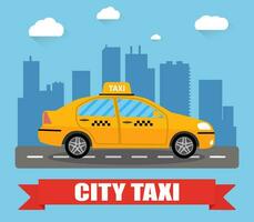 Yellow taxi car in front of city silhouette and sky with clouds, taxi icon, call taxi concept, vector illustration in simple flat design