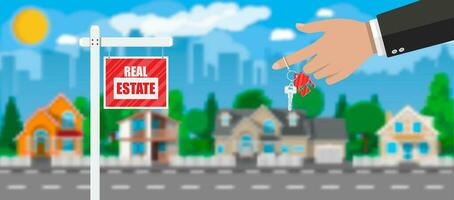 Real estate placard sign. Hand of agent with keys. Blurred background with private suburban house, trees, sun, road, sky and clouds. Real estate, sale and rent house. Vector illustration in flat style