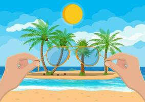 Hand with sunglasses. Landscape of palm tree on beach. Sun with reflection in water and clouds. Day in tropical place. Vector illustration in flat style