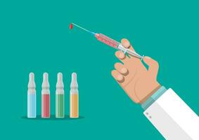 Ampoules and syringe with medicament in hand of doctor. Vaccination concept. Vector illustration in flat style