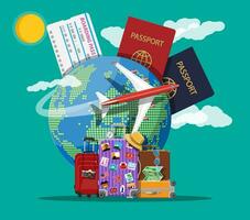 Travel suitcase with stickers of countrys and citys all over the world. Globe with travel destinations, airplane. Passport and boarding pass. Vacation and holiday. Vector illistration in flat style