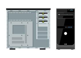 computadora caso frente y lado ver aislado en blanco. ordenador personal hardware. componentes para personal computadora. vector ilustración en plano estilo