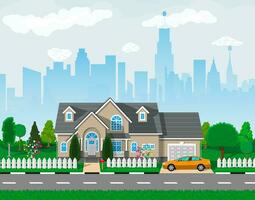 Private suburban house with car, trees, road, sky and clouds. Cityscape. Vector illustration in flat style