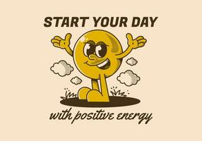 Start your day with positive energy. Ball head character with hands up and happy expression vector