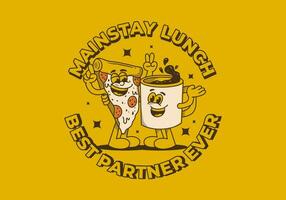 Mainstay lunch, best partner ever. Mascot character of a coffee mug and a slice pizza vector