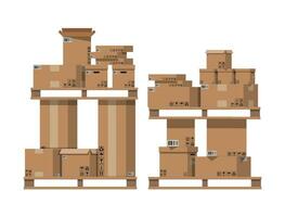 Pile cardboard boxes on wooden pallets. Carton delivery packaging open and closed box with fragile signs. Vector illustration in flat style