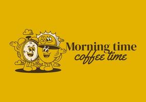 Morning time, coffee time. Mascot character of coffee cup, alarm clock and a sun vector