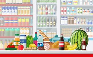 Supermarket store interior with goods. Big shopping mall. Interior store inside. Checkout counter, grocery, drinks, food, fruits, dairy products. Vector illustration in flat style