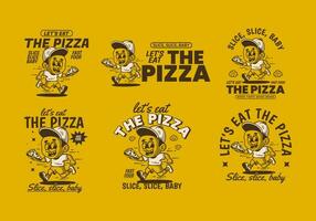 vamos comer el Pizza. chico personaje corriendo y participación un rebanada Pizza vector