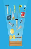 Carpentry instruments in wooden toolbox. Construction engineering and building. Ax, hammer, screwdriver, helmet, gloves, saw, paint brush. Vector illustration in flat style