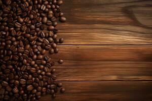 AI generated Coffee beans on a rustic wooden table top view by Generative AI photo