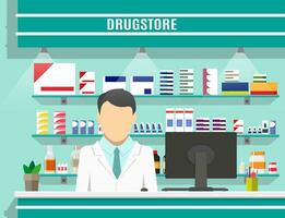 Modern interior pharmacy or drugstore with male pharmacist at the counter. Medicine pills capsules bottles vitamins and tablets. vector illustration in flat style