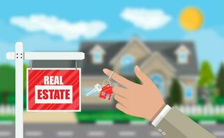 Real estate placard sign. Hand of agent with keys. Blurred background with private suburban house, trees, sun, road, sky and clouds. Real estate, sale and rent house. Vector illustration in flat style