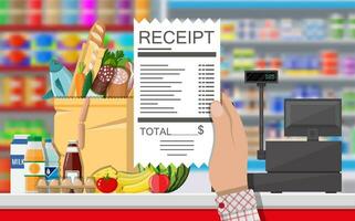 Supermarket store interior with goods. Hand with receipt. Interior store inside. Checkout counter with cash register, grocery, drinks, food, fruits, dairy products. Vector illustration in flat style