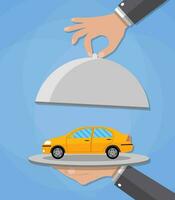 Hand opens serve cloche with yellow car inside. present concept. vector illustration in flat design on blue background.