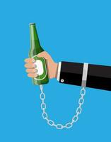 Bottle of beer in hand on chain. Alcoholic chained to the bottle of alcohol. Concept of alcohol addicted. Vector illustration in flat style