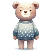 ai generado osito de peluche oso vestido en un acogedor, manga larga suéter decorado con estrellas png