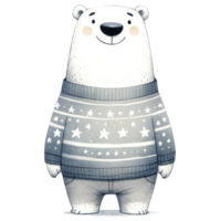 ai generado polar oso vestido en un acogedor, manga larga suéter decorado con estrellas png