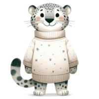 ai generado nieve leopardo vestido en un acogedor, manga larga suéter decorado con estrellas png