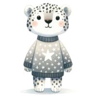 ai generado nieve leopardo vestido en un acogedor, manga larga suéter decorado con estrellas png