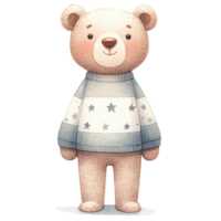 ai generado osito de peluche oso vestido en un acogedor, manga larga suéter decorado con estrellas png