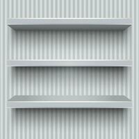 Three empty grey plastic shelves with shadows on striped wall background. vector illustration