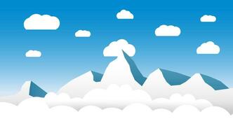 Clouds and mountains at blue sky in flat design web background, concept for web design and banners, vacation promotions. vector illustration