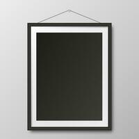 Realistic vertical wooden black photo picture frame at light background. vector illustration