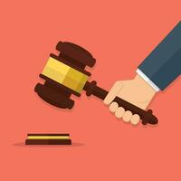 Hand holding judges gavel. vector illustration in flat design on red background