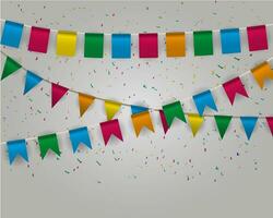 Color pennant bunting collection triangular and square red, yellow, blue, green, orange colors at ligh backgound with color confetti around, vector iilustration. for web design. greeting card