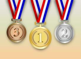 Set of gold, silver and bronze medals with digits, vector illustration on light background