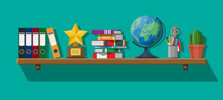 Office interior background with shelves, ring binders, pile of books, pencils, scissors pen, globe, cactus, folders, awards trophy. Vector illustration in flat style