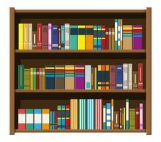 Library wooden book shelf. Bookcase with different books. Vector illustration in flat style