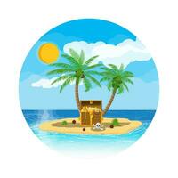 Pirates treasure island with chest full of gems and gold, death skull and crossbones. Beach with palm, coconuts. Sea, cloud and sun. Vector illustration in flat style