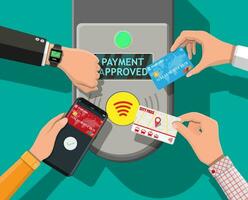 Hands with transport card, smartphone, smartwatch and bank card near terminal. Airport, metro, bus, subway ticket validator. Wireless contactless cashless payments, rfid nfc. Flat vector illustration