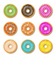 Donut cake set isolated on whitt background. Doughnut into glaze collection. Sweet sugar icing. Vector illustration in flat style