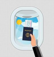 Window from inside the airplane. Hand with passport and ticket. Aircraft porthole shutter. Aircraft porthole shutter. Sky, sun and clouds. Air journey or vacation. Vector illustration in flat style