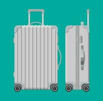 Silver travel bag. Plastic case. Trolley on wheels. Travel baggage and luggage. Vector illustration in flat style