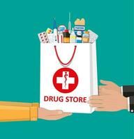 White shopping bag with different medical pills and bottles in hand. Healthcare and shopping, pharmacy, drug store. Vector illustration in flat style