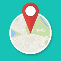 Navigation geolocation icon. Circle city map with red pin, vector illustration in flat design on green background