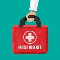 First aid kit in hand of doctor. Cloth bag for medicine. Healthcare, hospital and medical diagnostics. Urgency and emergency services. Vector illustration in flat style