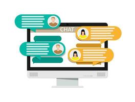 Desktop pc with messaging sms app. Chat bubbles on monitor. Chat between man and woman. Social netwroking. Discussion, talking, assistance. Vector illustration in flat style