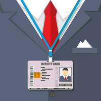 man suit with red tie and id badge. vector illustration in flat style