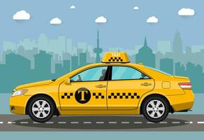 Yellow taxi car in front of city silhouette and sky with clouds, vector illustration in simple flat design