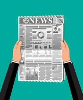 Daily newspaper in hands. News journal design. Pages with various headlines, images, quotes, text and articles. Media, journalism and press. Vector illustration in flat style.