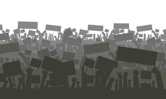 Silhouette of cheering or protesting crowd with flags and banners. Protest, revolution, conflict. Vector illustration